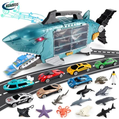 Shark Storage Toys Sliding Truck with Cars Animals for Kids, Portable Carrier Truck with Lights Music Birthday Gifts for Toddler