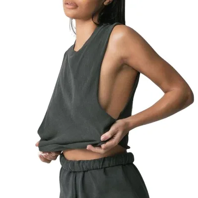 Vintage Style Acid Wash Breathable Casual Knitted Short Tank Top Polyester/Cotton Raw Hem Sleeveless Women