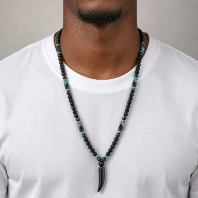 Men's Natural Stone Beaded Necklace with Wolf Tooth Pendant Lava Stone Tiger Eye Necklace, Stainless Steel Boho Jewelry