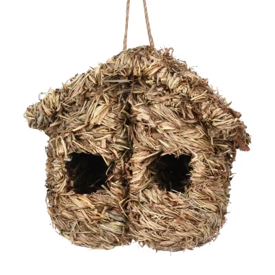 Double-Mouth Natural Grass Bird House,Outdoor Hummingbird Birdcage,Pastoral Simulation Bird Nest for Garden Courtyard Decoration