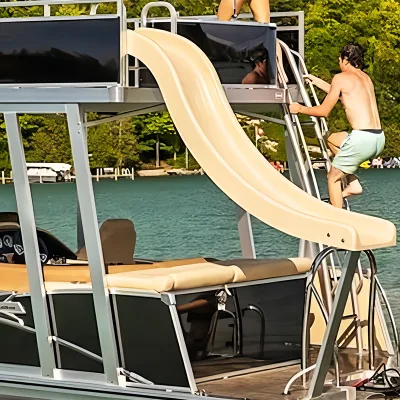 27ft Aluminum Allhouse Horizon Two-Tier Pontoon with Outboard Engine Custom Logo Upper Sundowner Deck & Lower Fire Pit Lounge