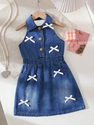 2026 New Cross-Border European and American Style Girls' Halter Neck Denim Collar A-Line Sleeveless Bow Dress for 3-8 Years Old