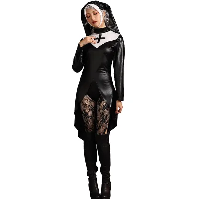 Stock Available Black PU Nun Costume Sexy Halloween Costumes Church Religious Cosplay Dress