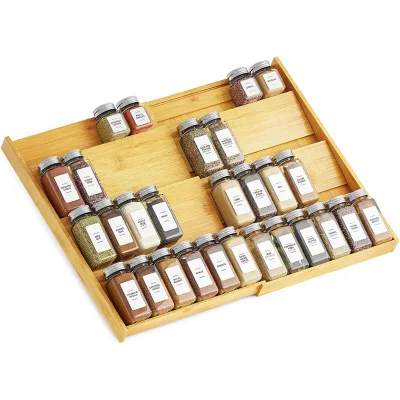 BSCI Factory 4 Tier Slanted Bamboo Spice Drawer Organizer OEM Custom Private Label Kitchen Seasoning Drawer Insert Rack Tray