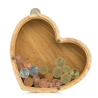 Hot Selling High-quality Heart-shaped Piggy Bank with Wooden Crate and No Lock