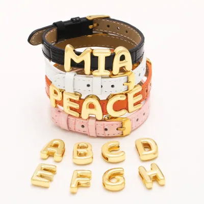 Ins Hot Trendy Brass 26 Letters Initials A-Z Custom Name DIY Leather Bracelet for Men Women Gift
