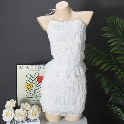Peeqi 51690SBD Sexy Soild Mini Skirt Set for Women Backless Sleeveless Bandage Lace Top Pleated Falbala Cut Out Skirt Women Set