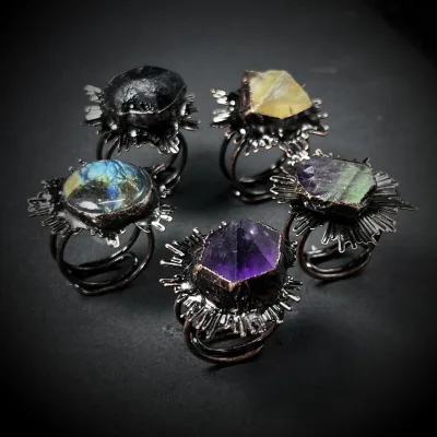 INS Vintage Natural Amethyst Black Meteorite Green Fluorite Citrine Labradorite Star Shape Tungsten Open Adjustable Unisex Ring