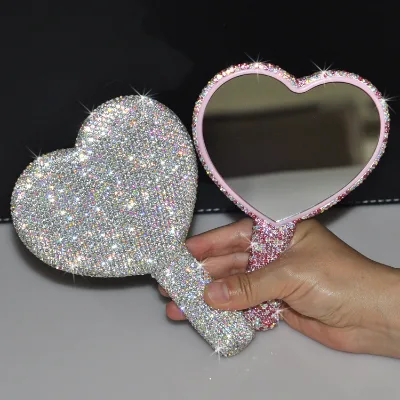 Princess Makeup Mirror with Heart Diamond Setting Handheld Eyelash Extension Mirror Cosmetic Accessory for Bathroom Use