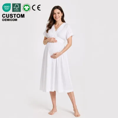 Soft 100% Cotton Maternity Nightdress Loose Fit Tie Waist Nursing Sleepwear Breathable Comfortable Pregnancy Postpartum Dress