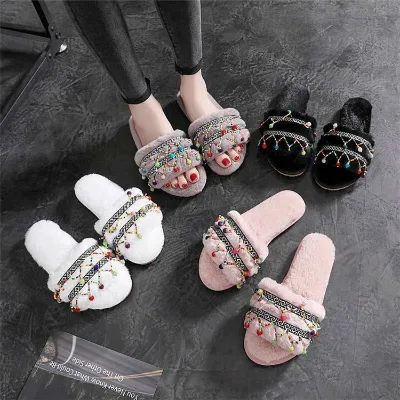 Slippers Indoor Comfort Shoes Fur Warm with Ethnic Style Grey  Fur Plush Fashion Slides