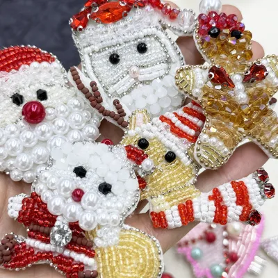 Christmas Santa Claus Beaded Embroidered Patches Handmade 3D Felt Sew On Applique for Clothing Garment Accessories