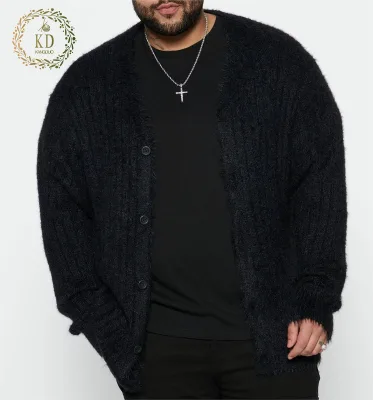 KD Custom Logo Knit Sweater Manufacturer Street Plain Hairy Furry Faux Mink Black Oversized Mohair Men Cardigan Sweater