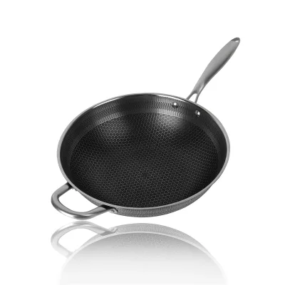 Kitchen Utensils Stainless Steel Handle Etched Double-sided Engraved Flowers Wok Pan Non Stick Coating Frying Pan