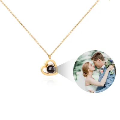 Gold Plated Trendy Heart Pendant Necklace with Customizable High Definition Photos Projection and Key Chain