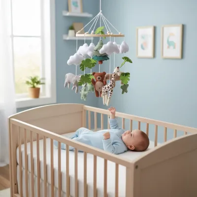 Handmade Felt Jungle Animal Baby Crib Mobile, Woodland Themed Nursery Hanging Mobile with Bear, Giraffe, Elephant & Clouds