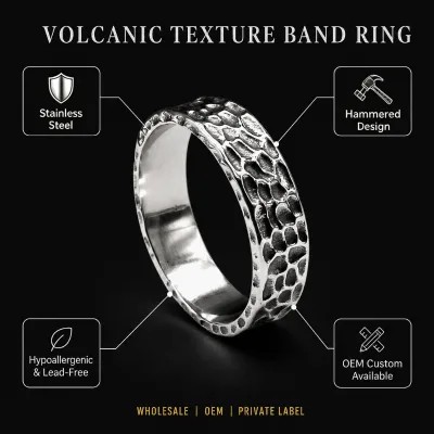 Vintage Stainless Steel Oxidized Effect Finish Hammered Texture Ring Men Jewelry Wholesale Custom