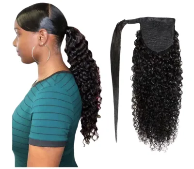 100% Remy Human Hair Kinky Curly Stick Pre-Bonded Ponytail Clip-in Wrap Extensions 14 in Stretched Length for Straight Hair