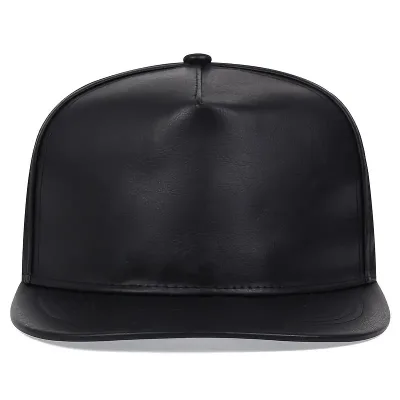 Wholesale Customized 5 Panel Flat Bill Black PU Leather Baseball Fitted Snapback Caps New Design for Men's Women's 3D Embroidery