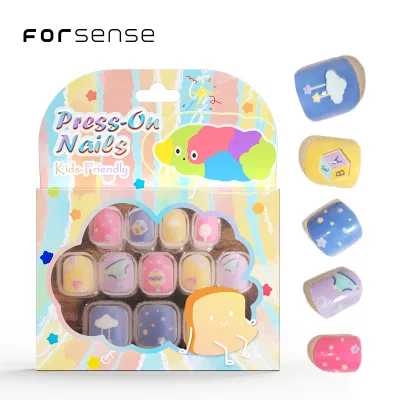 kids nails for children with glues. pastel color yellow nail tips cute one group sky blue cloud designs press on nails packaging