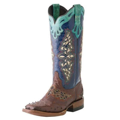 2021 Lady Fashion Cowboy Boots Casual Embroidery PU Leather Vintage Knee High Flat Boots Cowgirl Boots