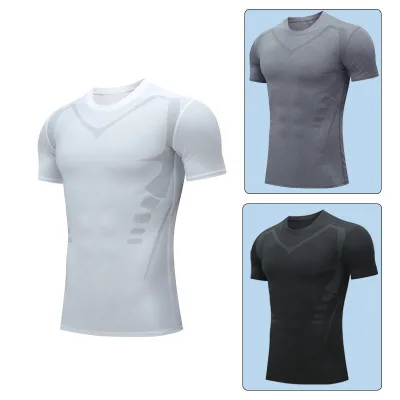 Men's Fitness Shirt High Elastic Short Sleeve Quick-Drying Breathable Polyester Summer Workout Clothes