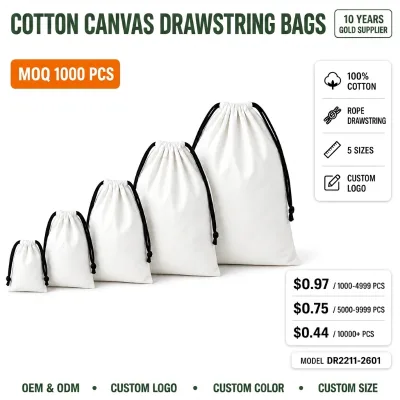 Wholesale Recyclable White Cotton Canvas Drawstring Pouch Bags Assorted Sizes Blank Storage Gift Jewelry Packaging