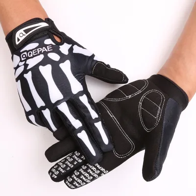 Unisex Full-Finger Cycling Gloves Skull Printing Silicone Gel Shock Resistant Durable Padded Palm Protection Lycra MTB Riding