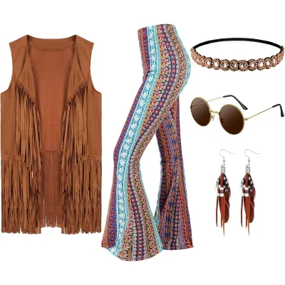 5 Pcs 60s 70s Costumes for Women Disco Outfits Hippie Accessories Fringe Vest Boho Flared Pant for Halloween Carnival