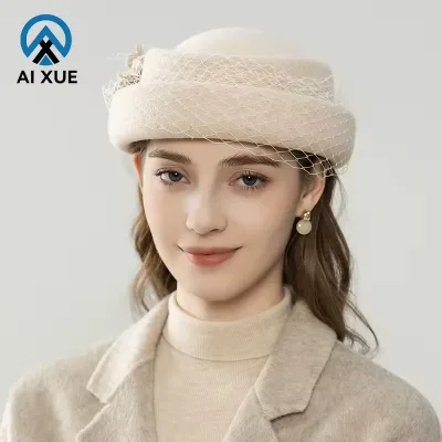 Wholesale Vintage Wool Elegant Women Wool Pillbox Hat Flower Net Veil Decor Vintage Wedding Church Dress Hat
