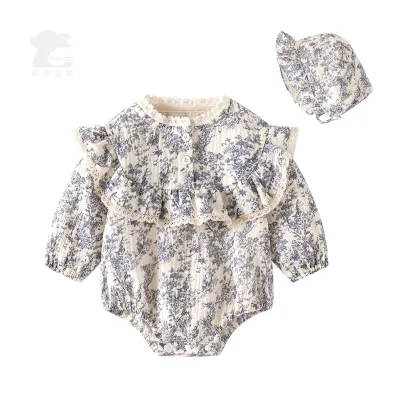 100% Cotton Gauze Bodysuit Hat Set Long-Sleeved Triangle Bag Button Closure Floral Ink Painting Baby Girl