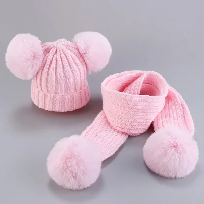 New Hot Sales Kids Winter Matching Double Ball Wool Hat Baby Knitted Hat Scarf Sets