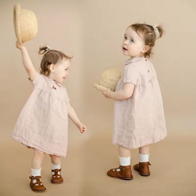 Girls' Fashionable Summer Dress Cotton Linen Crystal Hand Embroidered Loose Length Short Sleeve Doll Lapel Skirt Baby Princess