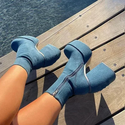 Platform Ankle Boots Denim Blue Denim Upper Rubber Sole Chunky Block Heel Elevated Modern Four Season Statement Style for Women