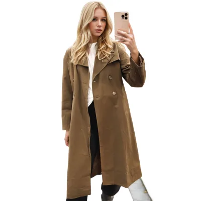 2024 Custom Autumn New Fashion Temperament Hollow and Snarl Design Women Coat Lambwool Large Pocket Classic Casual Trench Coat