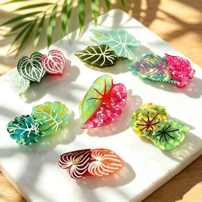 QianJin Custom Tropical Leaf Acetate Hair Barrettes, Monstera Anthurium Plant Leaf Duckbill Clips Hair Accessories