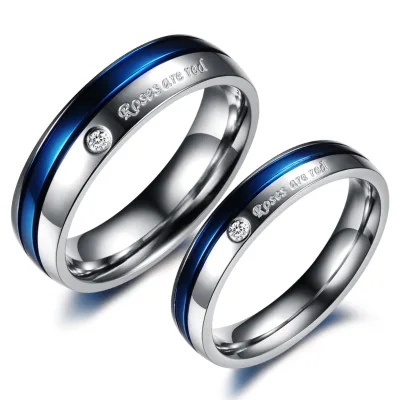 Fashion White Blue Rhinestone Titanium Steel Couple Rings His And Hers Promise ring