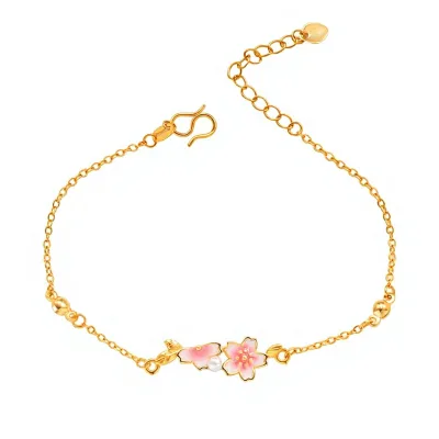 New Chinese-style Traditional Sand-gold Iron Electroplated Bracelet Featuring pink Enamel Cherry Blossoms Faux Pearlselegant