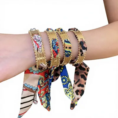 Vintage Metallic Fabric Electroplated Scarf Wrap-around Open Bracelet Ethnic Style Wristband Unique Niche Design Jewelry for