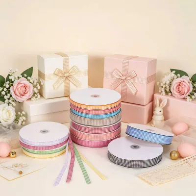 Checkered Polyester Ribbon Roll, Multi-Color Grid Pattern Gift Wrapping Ribbon for Party Decor, DIY Crafts & Holiday Packaging