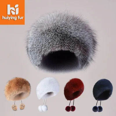 Luxury Fox Fur Hat for Women Warm Earmuff Design with Fluffy Pom Pom Perfect for Outfit Coordination in Cold Weather