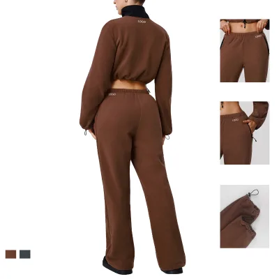 Custom Logo Women Thick Double Sided Polar Fleece Casual Set Warm Stand Collar Jacket Wide Leg Pants Autumn Winter Sports Set