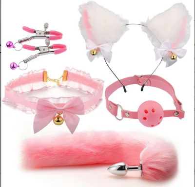 Cat Girl Cosplay Set Fluffy Ears Headband Collar Tail Plug Ball Gag Nipple Clamps Adult Fetish Bondage Accessories Kit