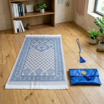 New Fashion Custom Design Blue 70*110 CM Prayer Beads Bag Soft Muslim Holiday Gifts Travel Prayer Mat Set