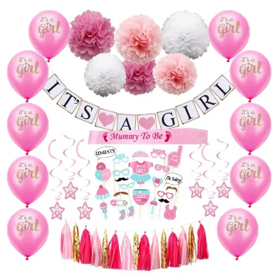 It's a Girl/boy Flags and Printed Balloon Hanging Pompoms Star Swirls Sash Photo Props for Baby Shower Gender Reveal Party Decor
