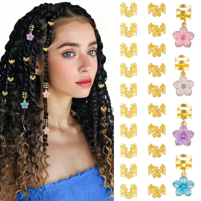 24Pcs Alloy Hair Braid Cuffs Colorful Camellia Flower Dangle Charms DIY Dreadlock Bead Women Braiding Hair Accessories Wholesale