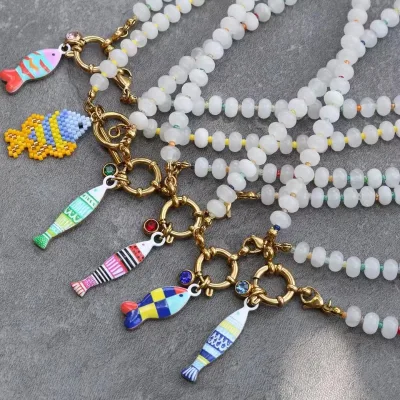New Natural Stone Beaded Necklace Fish Pendant Sailor Clasp Stainless Steel O Ring DIY Detachable Charm Necklace for Women