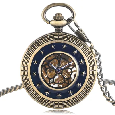 Mechanical Watches Japanese Movement Dark Blue Stars Style Vintage Fob Chain Pocket Watch Men's Women's Pendant with Bag Gifts