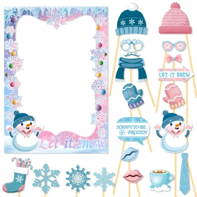 Handheld DIY Funny Blue and Pink Cartoon Snowman Photo Props for Kids' Parties New Christmas Theme Factory Price Advantage
