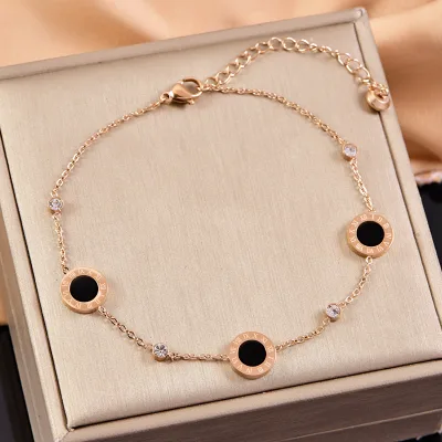 Fashion Stainless Steel Diamond Anklet Single-Sided Circular Women's Trendy 18k Gold Rose Gold Rome Personalized Ornaments